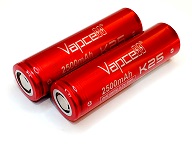 Pair of Vapcell K25 Li-Ion INR 18650 Rechargeable Batteries - 3.7 V 2500 mAh Lithium cells